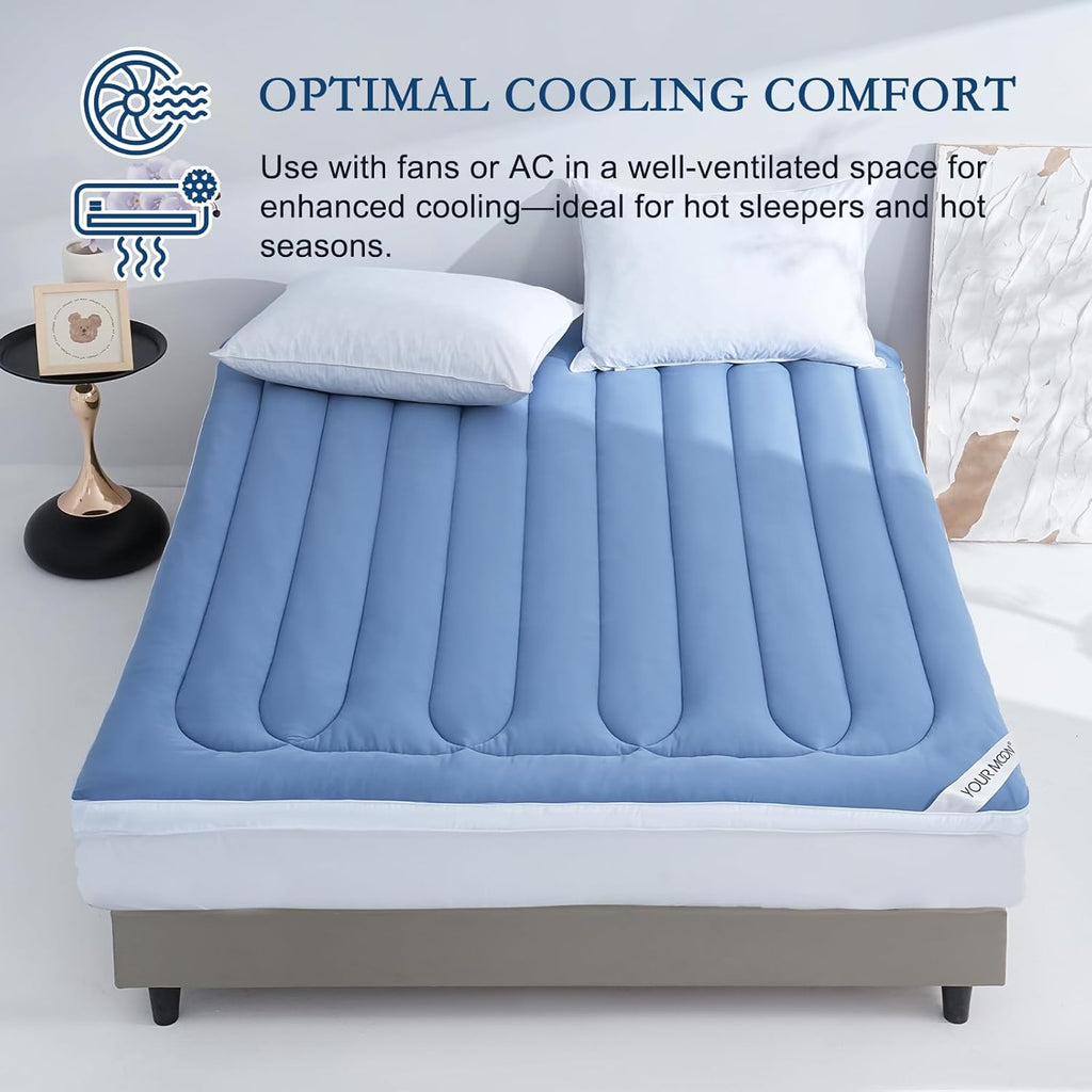 YOUR MOON Queen Size Cooling Mattress Topper, Cool Mattress Pad for Hot Sleepers, Quilted Bed Topper for 8''-16'' Deep Pocket, Soft Thick Pillow Top Pad Cover for Back Pain Relief, 1000GSM (Blue)