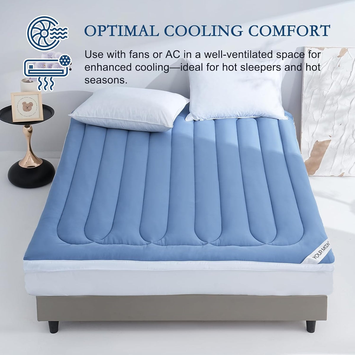 YOUR MOON Queen Size Cooling Mattress Topper, Cool Mattress Pad for Hot Sleepers, Quilted Bed Topper for 8''-16'' Deep Pocket, Soft Thick Pillow Top Pad Cover for Back Pain Relief, 1000GSM (Blue)