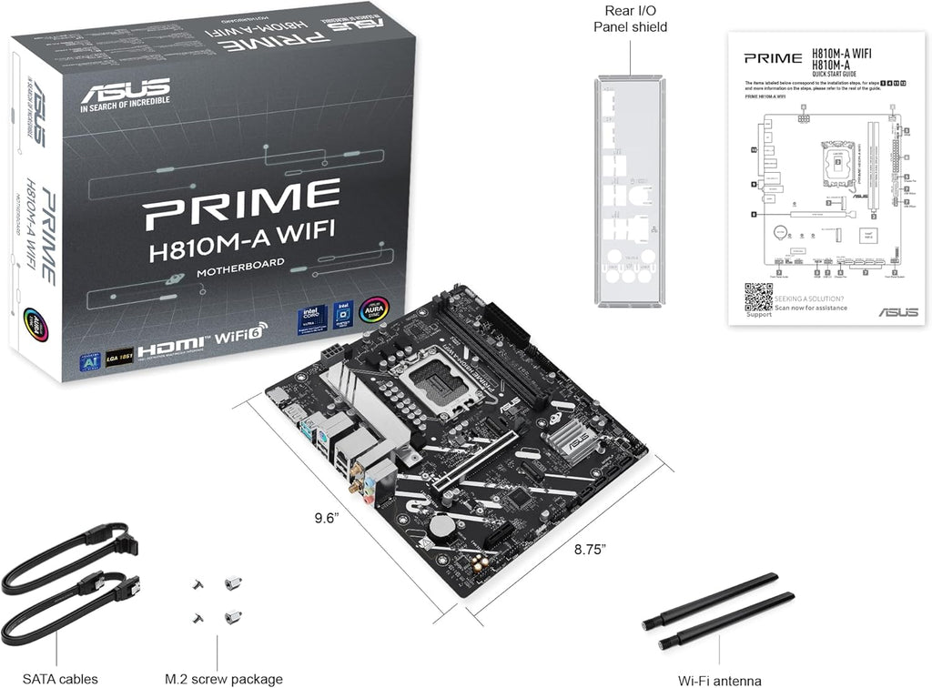ASUS Prime H810M-A WiFi-CSM Intel® H810 LGA 1851 mATX Motherboard, 6+1+1+1 Discrete MOS, DDR5, PCIe 4.0, 2X M.2, Intel® 1Gb Ethernet, Wi-Fi 6, DisplayPort, HDMI™, USB 10Gbps, Front USB 5Gbps Type-C®
