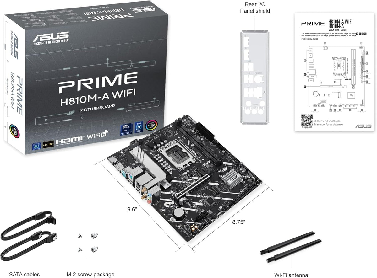 ASUS Prime H810M-A WiFi-CSM Intel® H810 LGA 1851 mATX Motherboard, 6+1+1+1 Discrete MOS, DDR5, PCIe 4.0, 2X M.2, Intel® 1Gb Ethernet, Wi-Fi 6, DisplayPort, HDMI™, USB 10Gbps, Front USB 5Gbps Type-C®