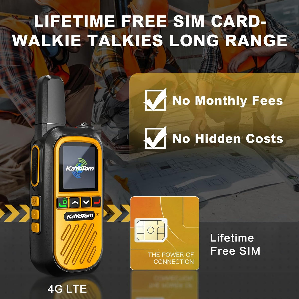 (Lifetime Free) Walkie Talkies Long Range Global Unlimited Range 4G LTE PoC Two-Way Radios (5000+ Miles) Rugged & Waterproof Rechargeable for Construction,Truck Fleets,Families (2-Pack and SIM)