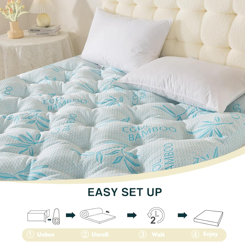 SHOUREN Memory Foam Mattress Topper Queen 4-5 Inch, 2100 GSM Pillow Top, Blue Bamboo-Viscose Cover, Plush Gel Memory Foam & 3D Fiber Fill, Elastic Straps, Machine Washable, 60x80