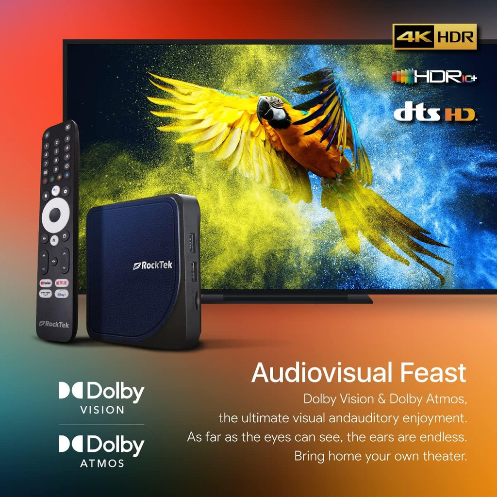 RockTek G2 Android TV 4K Streaming Media Player, Dolby Vision-ATMOS, HDR10+, DTS-X, NVIDIA GeForce Now cloud gaming, Netflix, Prime Video, YouTube, Apple TV+, Hulu, Disney+, and More, Google Assistant