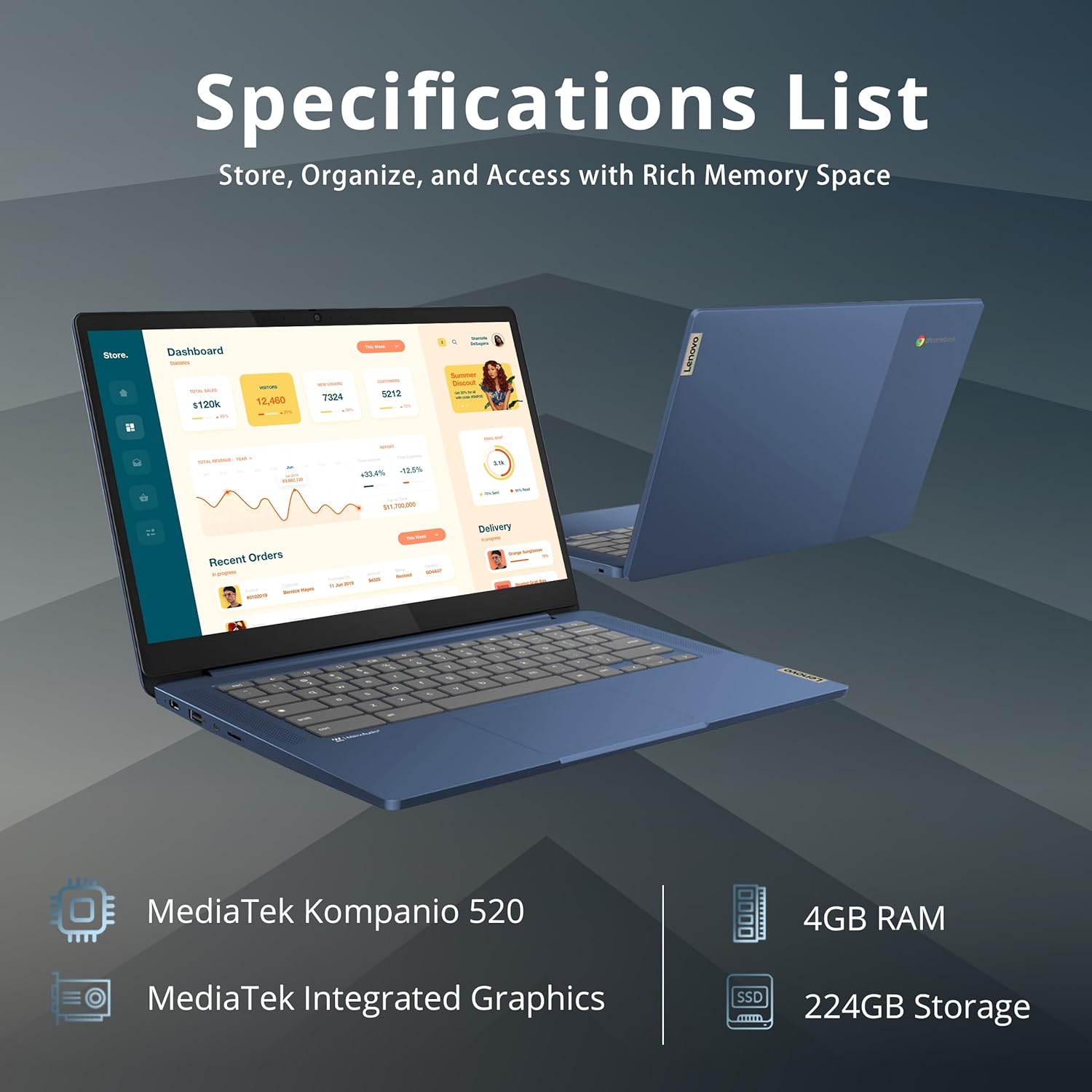 Lenovo IdeaPad Slim 3 Chromebook, 14″ FHD IPS Anti-GlareTouchscreen, MediaTek Kompanio 520, 4GB LPDDR4X, 224GB Storage(64GB eMMC+160GB Docking Station Set), Webcam, WiFi 6, Chrome OS, Blue