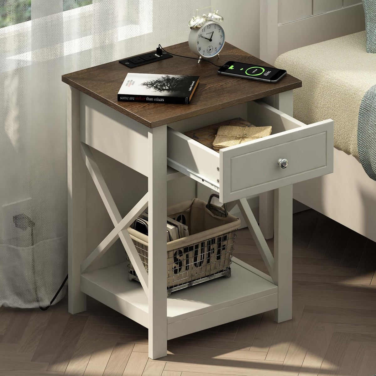 Treocho Farmhouse End Table Set of 2,Nightstand with Charging Station, X-Design Side Table with 2 AC and USB Power Outlets, Small Night Stand with Storage Drawer and Open Shelf for Living Room