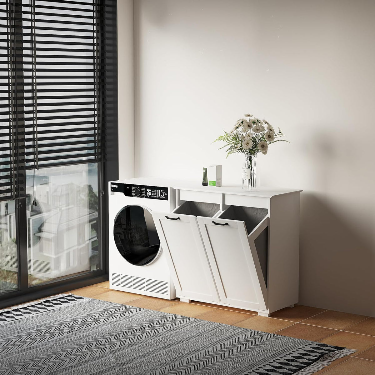 LUMISOL Double Tilt-Out Laundry Hamper Cabinet, Farmhouse Laundry Cabinet with Hidden Fabric Baskets, Wooden Bathroom Storage Cabinet with Doors for Living Room, Kitchen, White