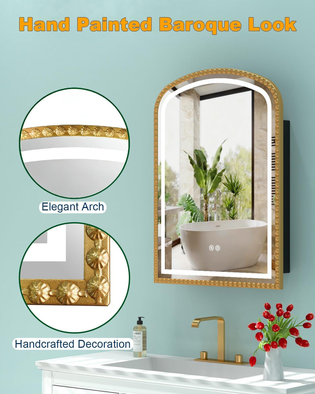 20x28 Inch Arched Medicine Cabinet with Mirror and Lights, LED Bathroom Mirror Cabinet with Defogging & Touch Light, Surface Mount and Recessed with 1 Storage Organizer, Daisy Beaded Frame Bling Gold