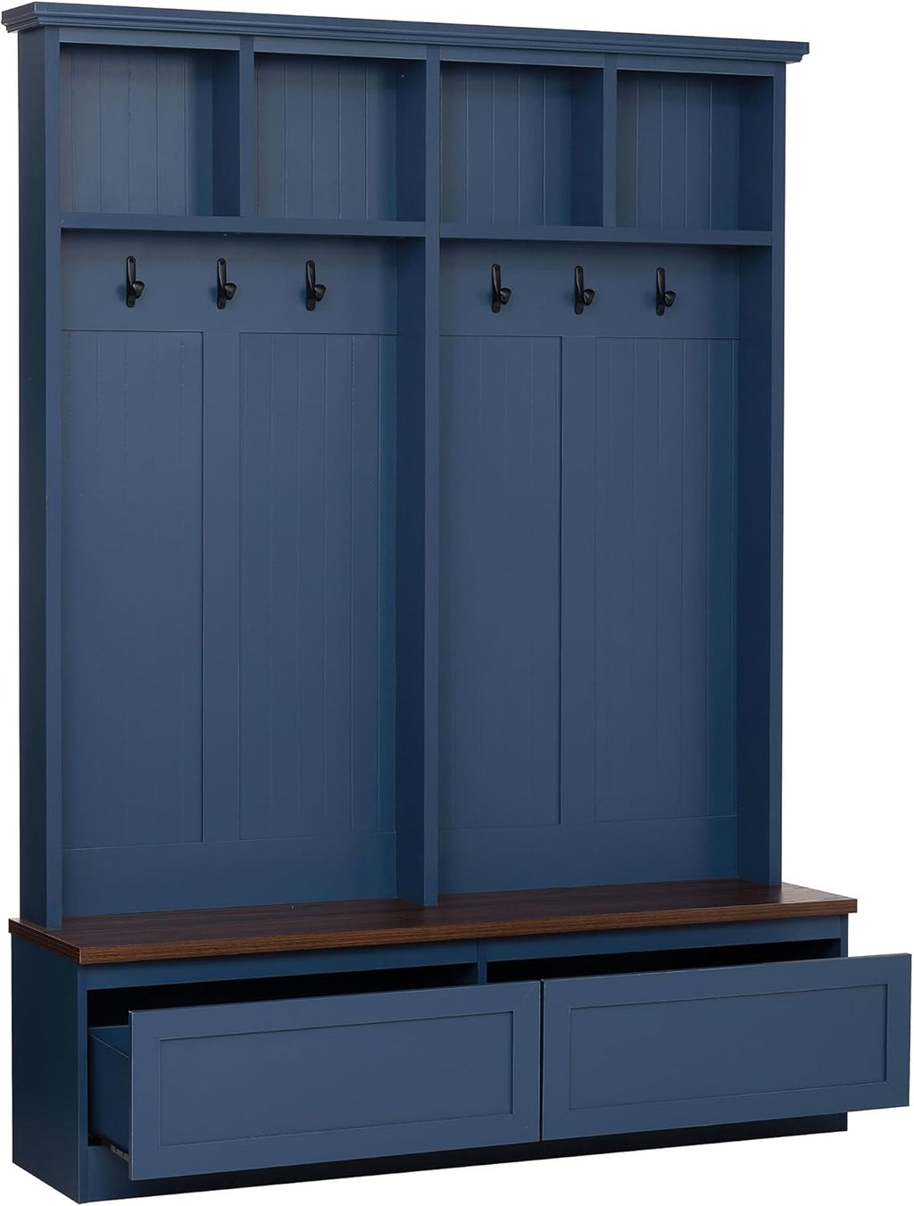 4-in-1 Hall Tree with Wood Grain Bench, Entryway Shoe Storage Organizer with Coat Rack, 2 Large Drawers, and 6 Golden Hooks for Hallway, Foyer Organizer Furniture, Blue