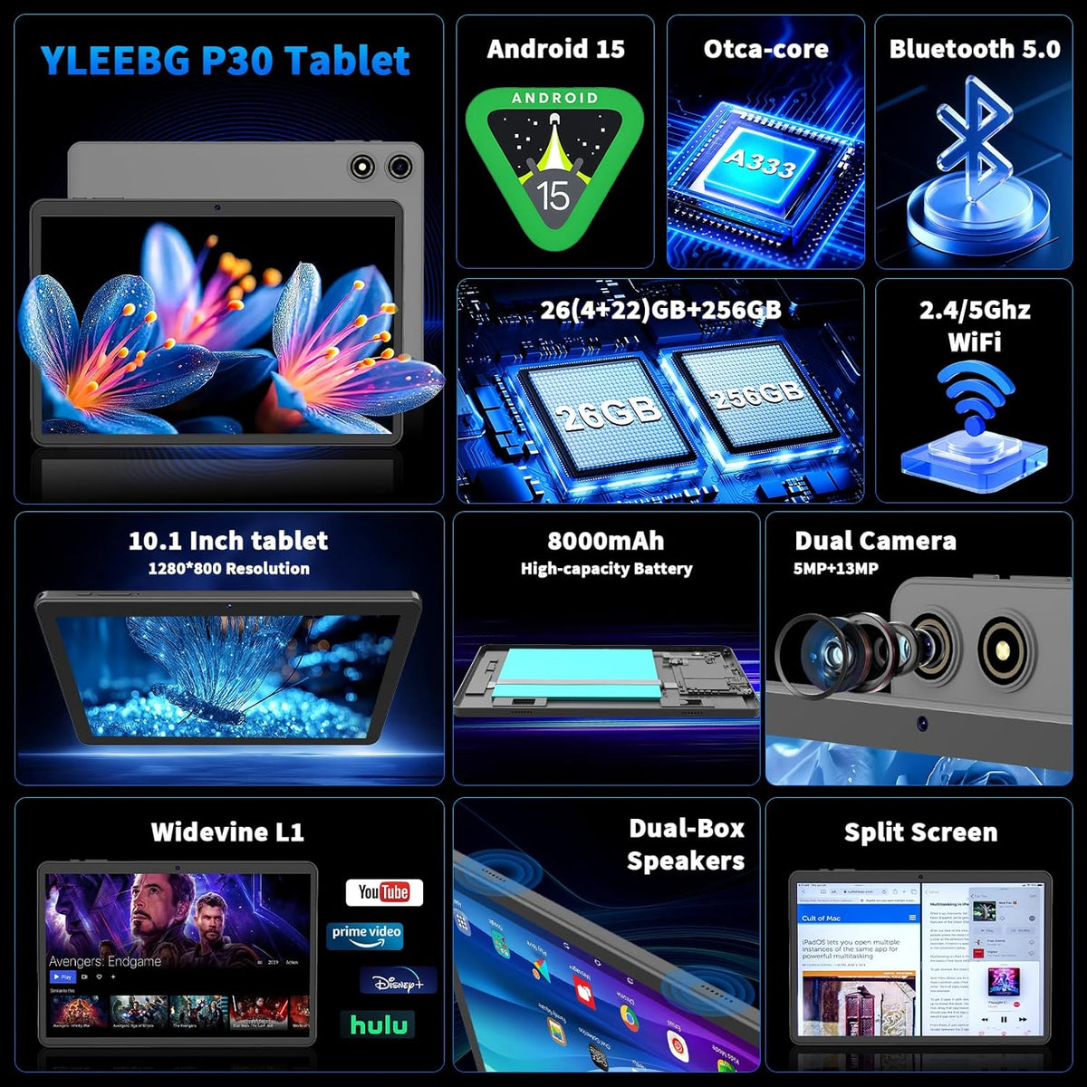 2026 10 Inch Tablet with Keyboard, Android 15 Tablet with Gemini AI, 24GB+256GB+2TB Expand, 2-in-1 Tablets with 8-Core, WiFi, 8000mAh, GMS, GPS, Electronic Tablets PC with Mouse, Case, Stylus (Black)