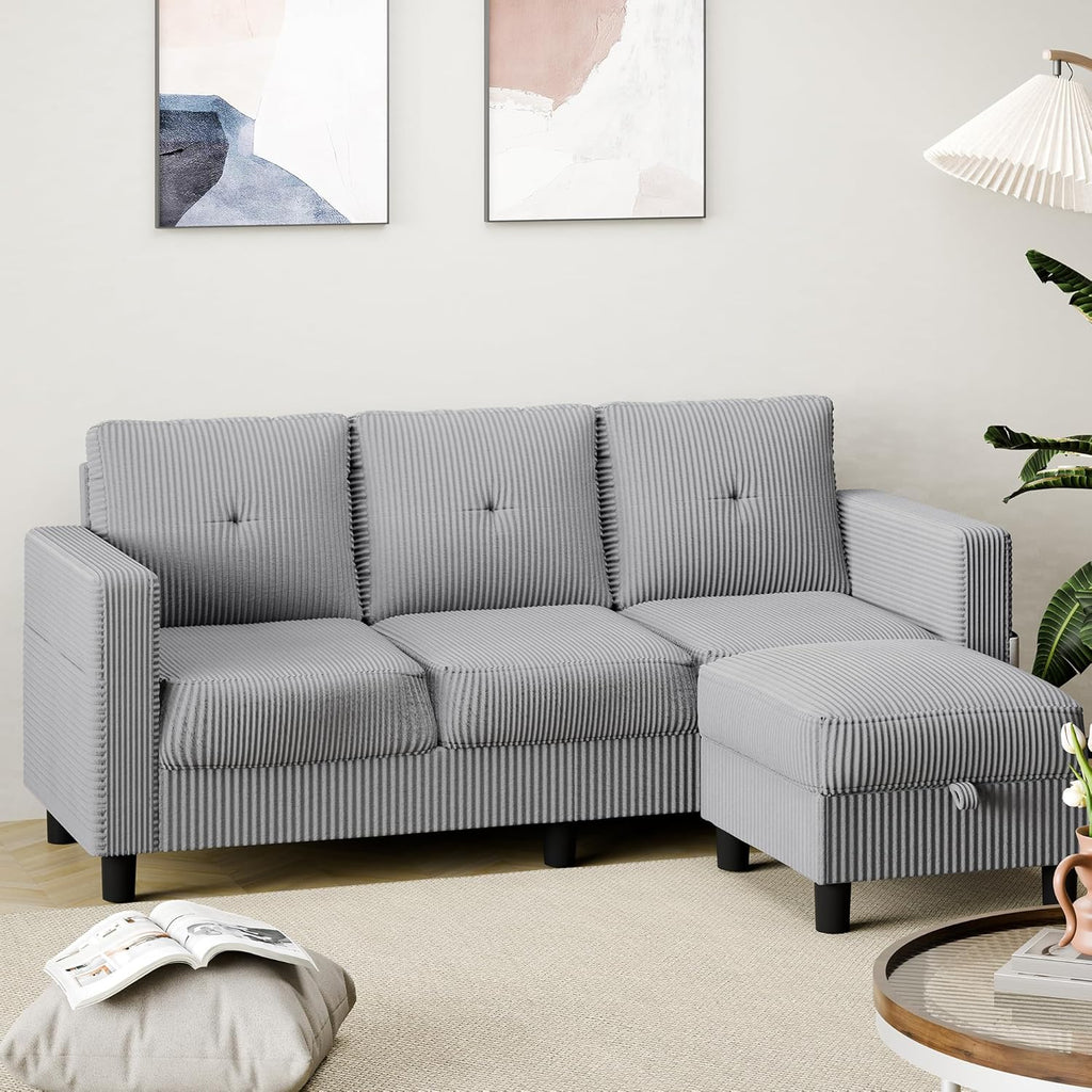 Shintenchi 76" Modern Upholstered Sectional Sofa, L-Shaped Couch with Storage Ottoman and Reversible Chaise for Living Room, Off-Grey Corduroy Fabric