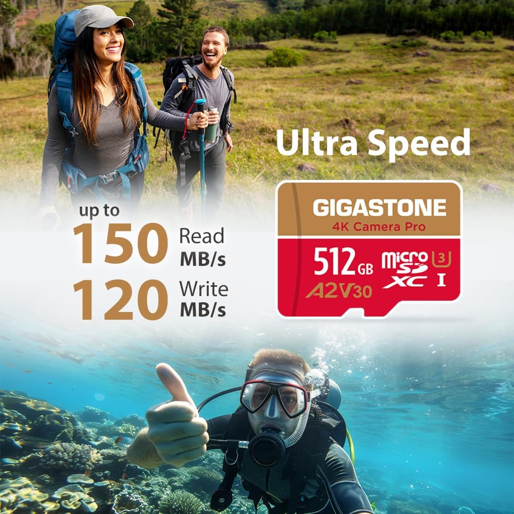 【5-Years Data Recovery】 GIGASTONE 512GB Micro SD Card, 4K Camera Pro, A2 V30 for Smartphone, Gopro, Action Cams, 4K UHD Video Recording, R/W up to 150/120 MB/s, UHS-I U3 C10 Class 10 with Adapter
