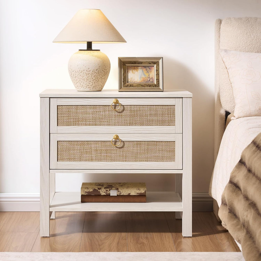 SICOTAS 26.7" Wide Boho Rattan Nightstand, White Oak Bedside Table with 2 Drawers & Open Shelf, Large Side Table for King Size Bed, Modern Coastal Accent Table for Bedroom