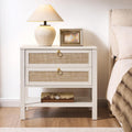 SICOTAS 26.7" Wide Boho Rattan Nightstand, White Oak Bedside Table with 2 Drawers & Open Shelf, Large Side Table for King Size Bed, Modern Coastal Accent Table for Bedroom