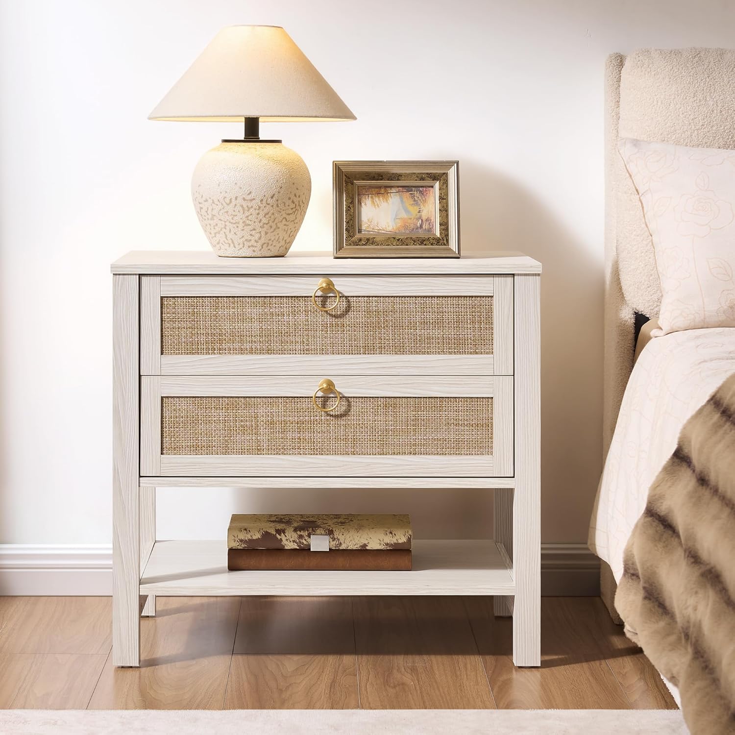 SICOTAS 26.7" Wide Boho Rattan Nightstand, White Oak Bedside Table with 2 Drawers & Open Shelf, Large Side Table for King Size Bed, Modern Coastal Accent Table for Bedroom