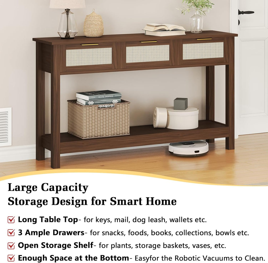 Luoxiao Console Table for Entryway with 3 Rattan Drawers Boho Entry Table with Storage Open Shelf, Narrow Long Sofa Tables for Living Room, Hallway, Foyer, Couch, Front Door, Walnut, 47 Inch