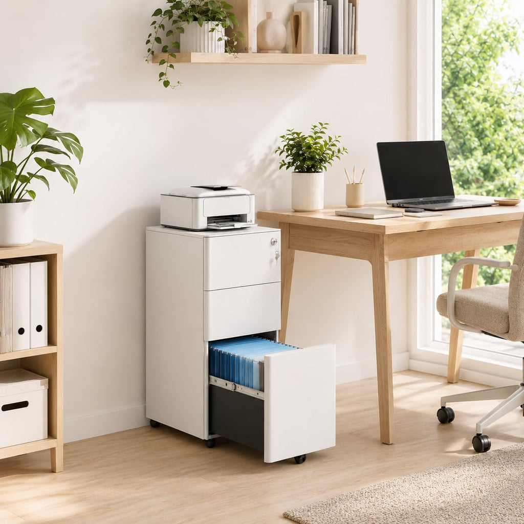3 Drawer File Cabinet with Lock, Fully Assembled Rolling Printer Stand Under Desk, White Filing Cabinet for Legal/Letter Size, Home Office, 17.7" D x 11.8" W x 24.0" H