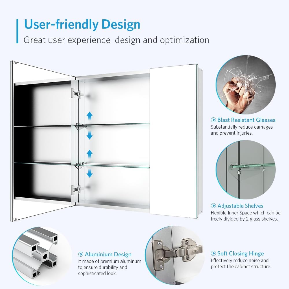 Quavikey Medicine Cabinet for Bathroom with Mirror 2 Doors Aluminum Surface Mount or Recessed Mirror Medicine Cabinet 30x30 Inch, Silver