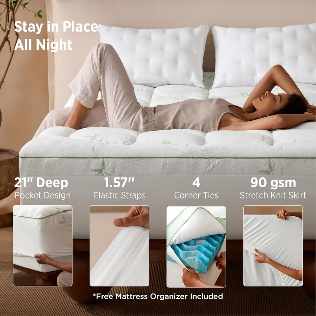 Bedsure 5 Inch Memory Foam Mattress Topper Queen, 2-in-1 Dual Layer, 3 Inch Memory Foam + 2 Inch Viscose Made from Bamboo Mattress Topper Pad Cover, Flippable Memory Foam with Dual Comfort, White