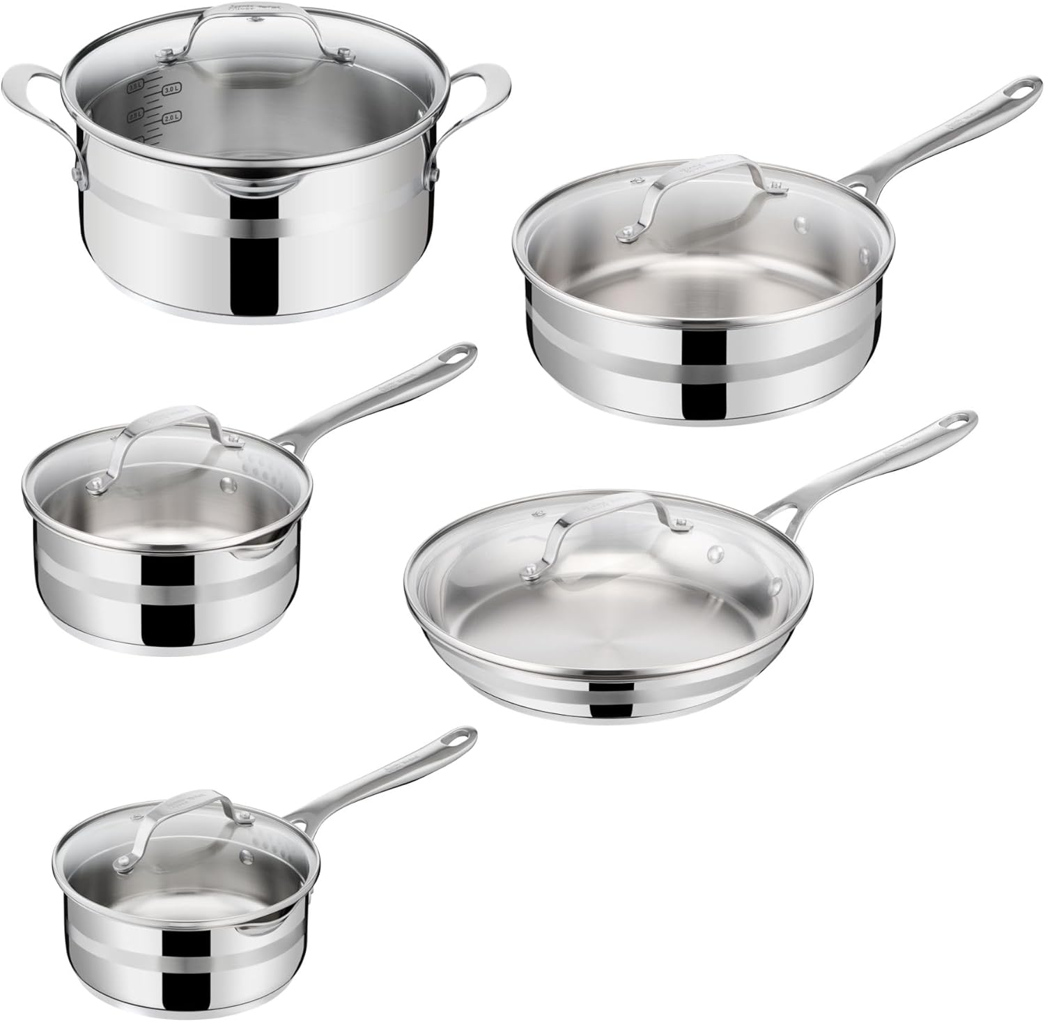 Jamie Oliver by T-fal Cook Smart 10-Piece Cookware Set, Uncoated Stainless Steel, Robust, Fast Heating, Even Cooking, Riveted Handle, Induction safe, Oven and dishwasher safe