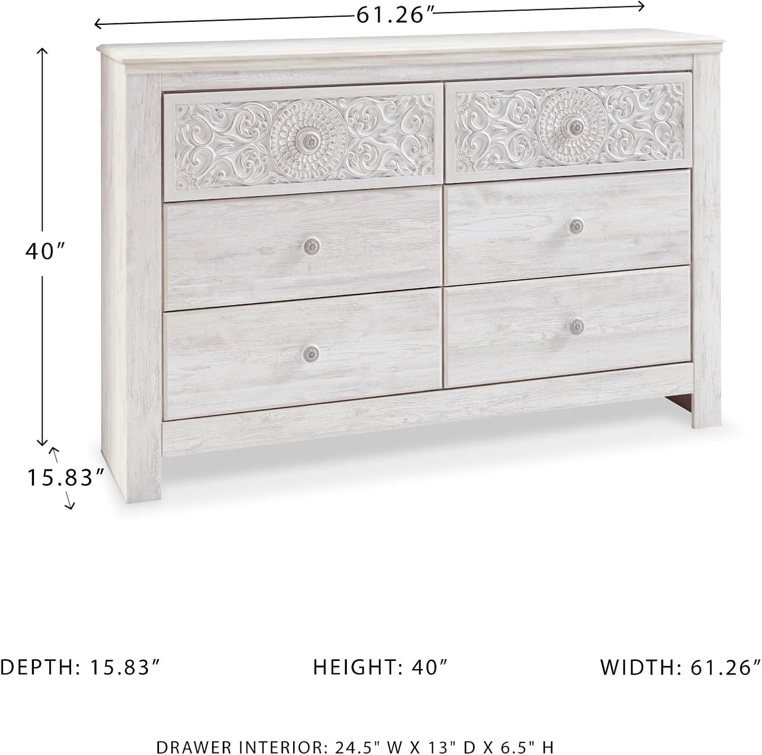 Signature Design by Ashley Paxberry Boho 6 Drawer Dresser, Smooth-gliding Faux Laminate Lined Drawers, Wood, 61.26" W x 15.83" D x 40" H, Whitewash
