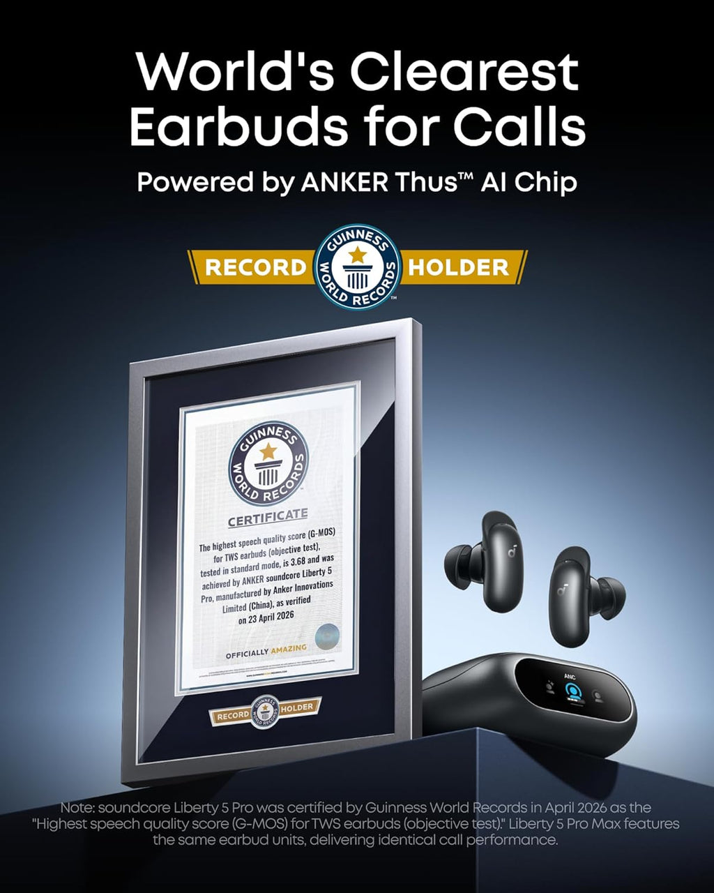 Soundcore Liberty 5 Pro,Guinness World Records-Certified Call Quality,Anker Thus™ AI Chip,Active Noise Cancelling Wireless Earbuds,Crystal-Clear Calls for Commute,Noisy Environments
