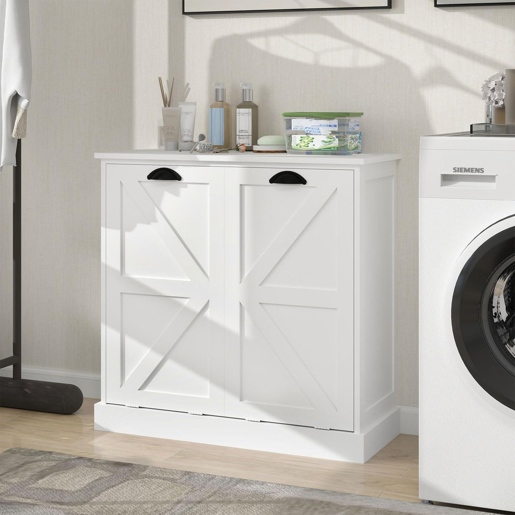 Bathroom Laundry Cabinet with 2 Baskets, Double Tilt Out Laundry Hamper Cabinet with Hidden Laundry Hampers, Freestanding Wooden Storage for Bathroom, Laundry Room, Kitchen