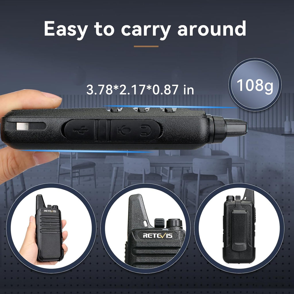 Retevis RT22 Walkie Talkies Rechargeable,Long Range Two Way Radio,2 Way Radio for Adults, Handsfree VOX Mini, for Business Office School Church Restaurant Retail(Black,10 Pcs, 5 Box)