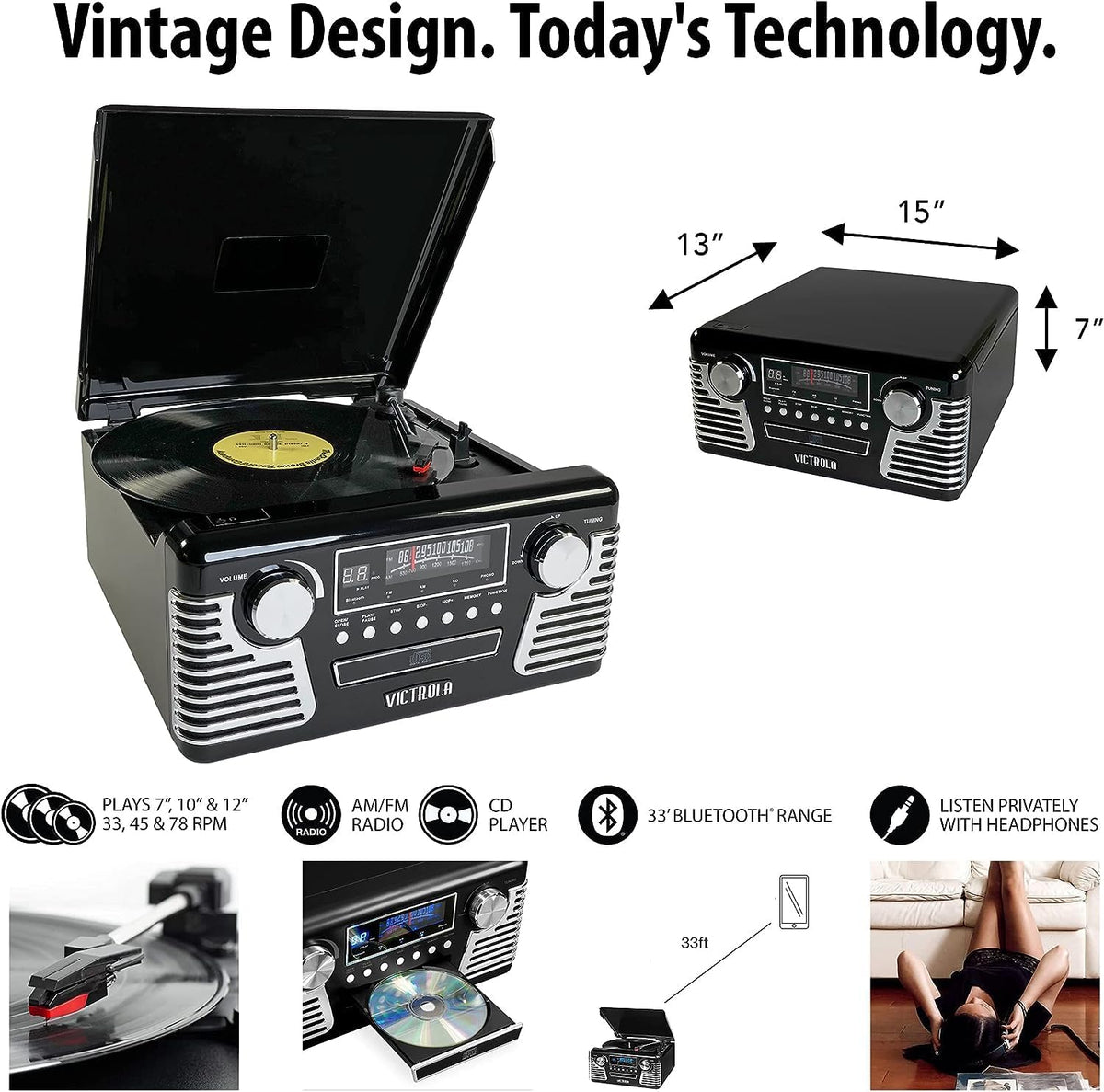Victrola Haley Retro Bluetooth Record Player & Multimedia Center with Built-in Speakers - 3-Speed Turntable, CD Player, AM/FM Radio, 3.5mm Aux-In, Wireless Music Streaming, Red