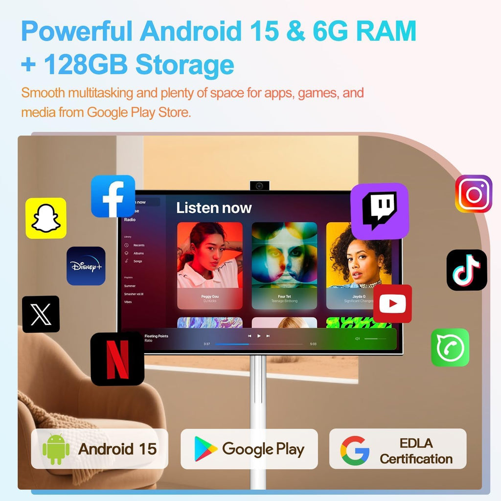 27" Portable Smart Touchscreen Tablet TV on Wheels, Android 15 OS Mobile Smart Display with Google EDLA Certification, 6GB+128GB, Built-in Battery, 4K Camera, Wireless Casting, Rotating Rolling Stand