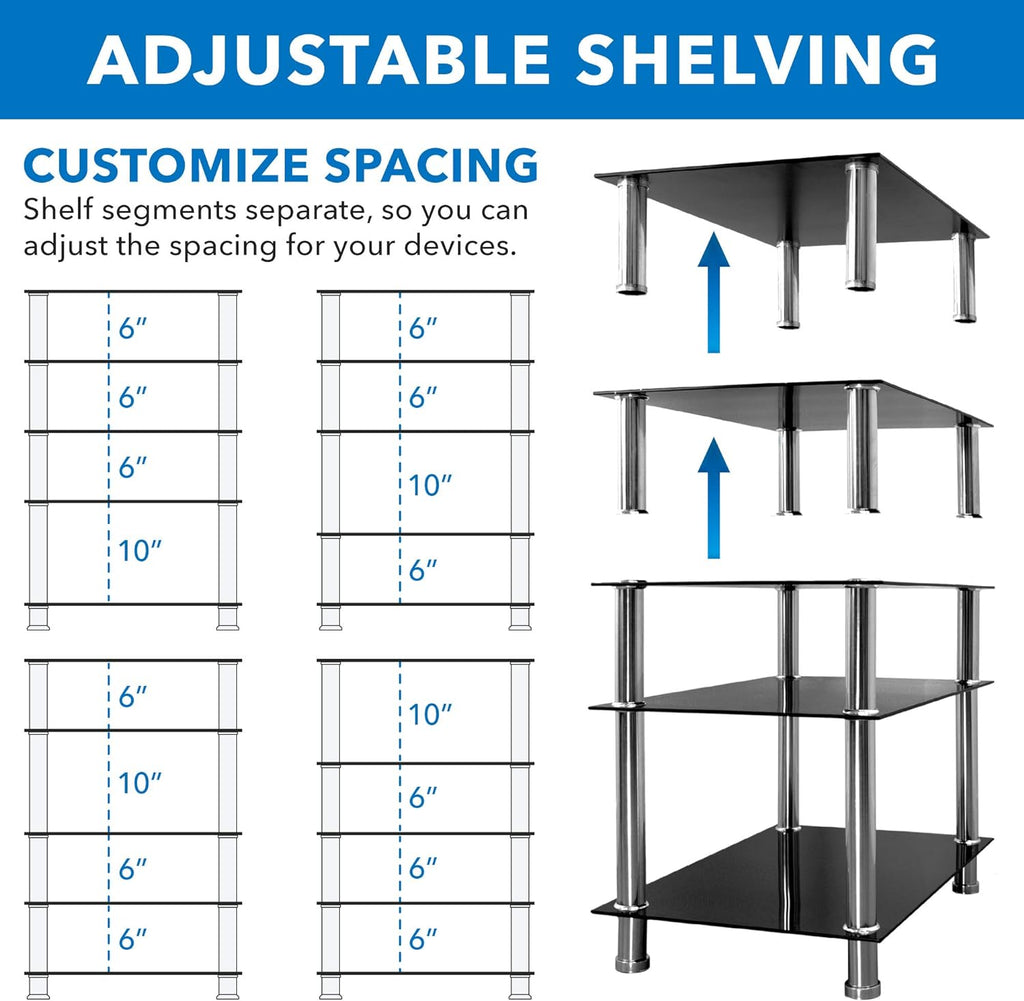 Mount-It! Tempered Glass AV Component Media Stand, Audio Tower and Media Center with 5 Shelves, 220 Lbs Total Capacity, Black Shelves Chrome Legs (MI-8671)