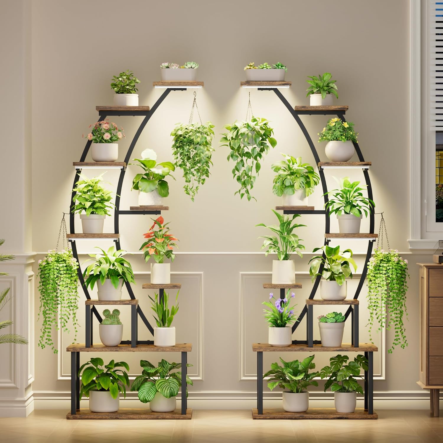 BACEKOLL Plant Stand Indoor with Grow Lights, 9 Tiered Metal Plant Shelf, 64" Tall Plant Stand for Indoor Plants Multiple, Large Plant Rack Display Shelf, Curved Plant Holder for Living Room, Patio
