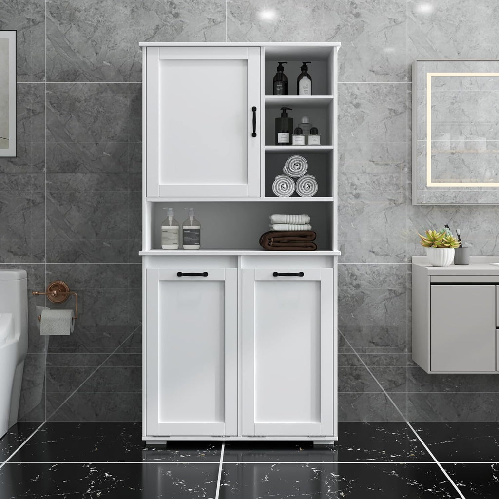 63" White Laundry Cabinet w/Dual Tilt-Out Hampers - 4 Open + 2 Adjustable Shelves, Freestanding Bathroom Organizer, 31.5 x 15.7 x 63 Inch
