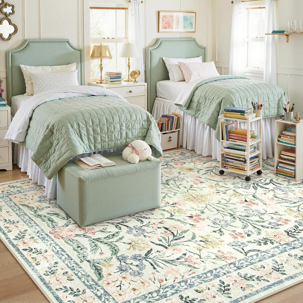Lahome Sylvie Boho Rugs for Living Room, Washable Large 8 x 10 Area Rugs for Bedroom Non Slip, Soft Ultra-Thin Distressed Floral Throw Carpet for Office Dining Room, Cream/Multi