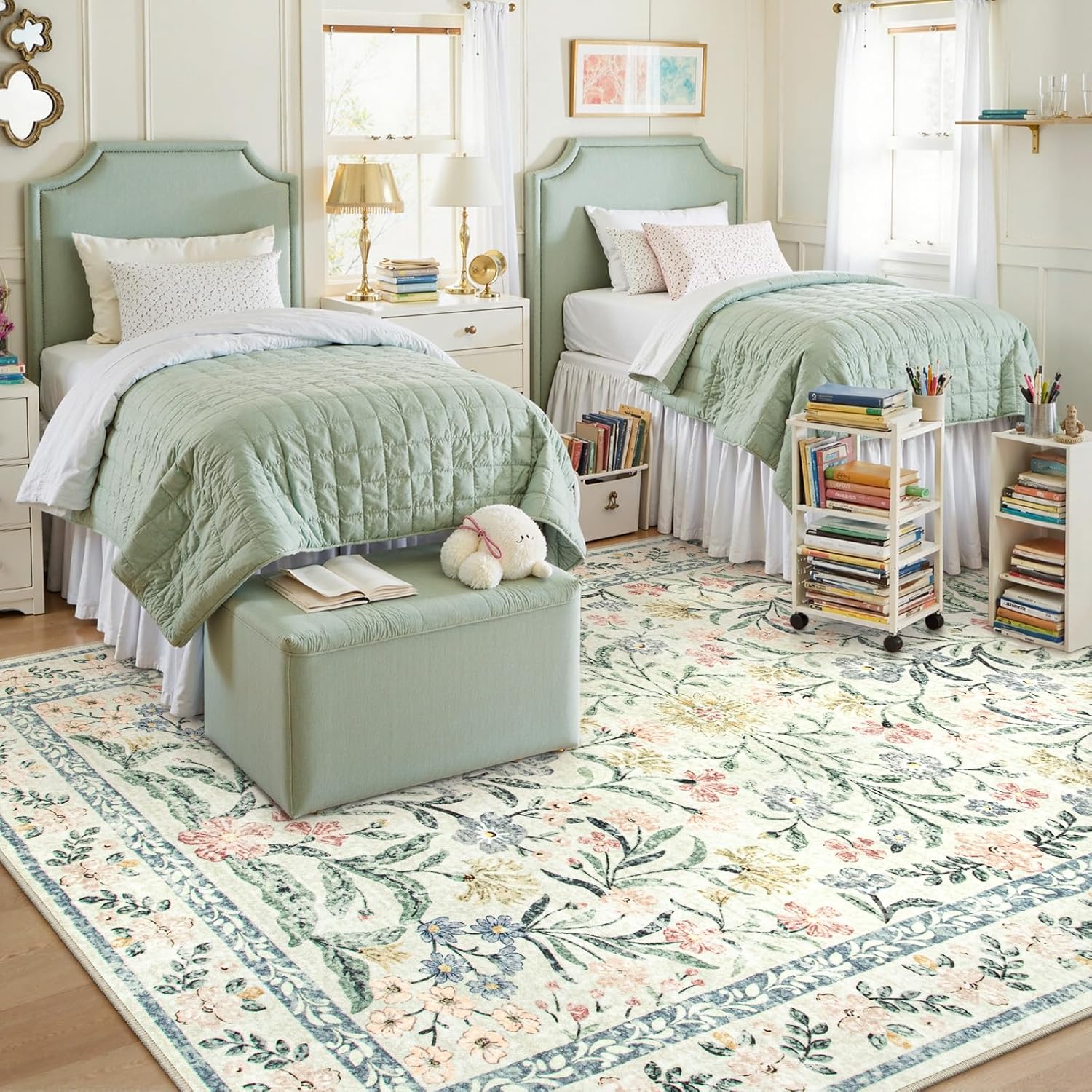 Lahome Sylvie Boho Rugs for Living Room, Washable Large 8 x 10 Area Rugs for Bedroom Non Slip, Soft Ultra-Thin Distressed Floral Throw Carpet for Office Dining Room, Cream/Multi