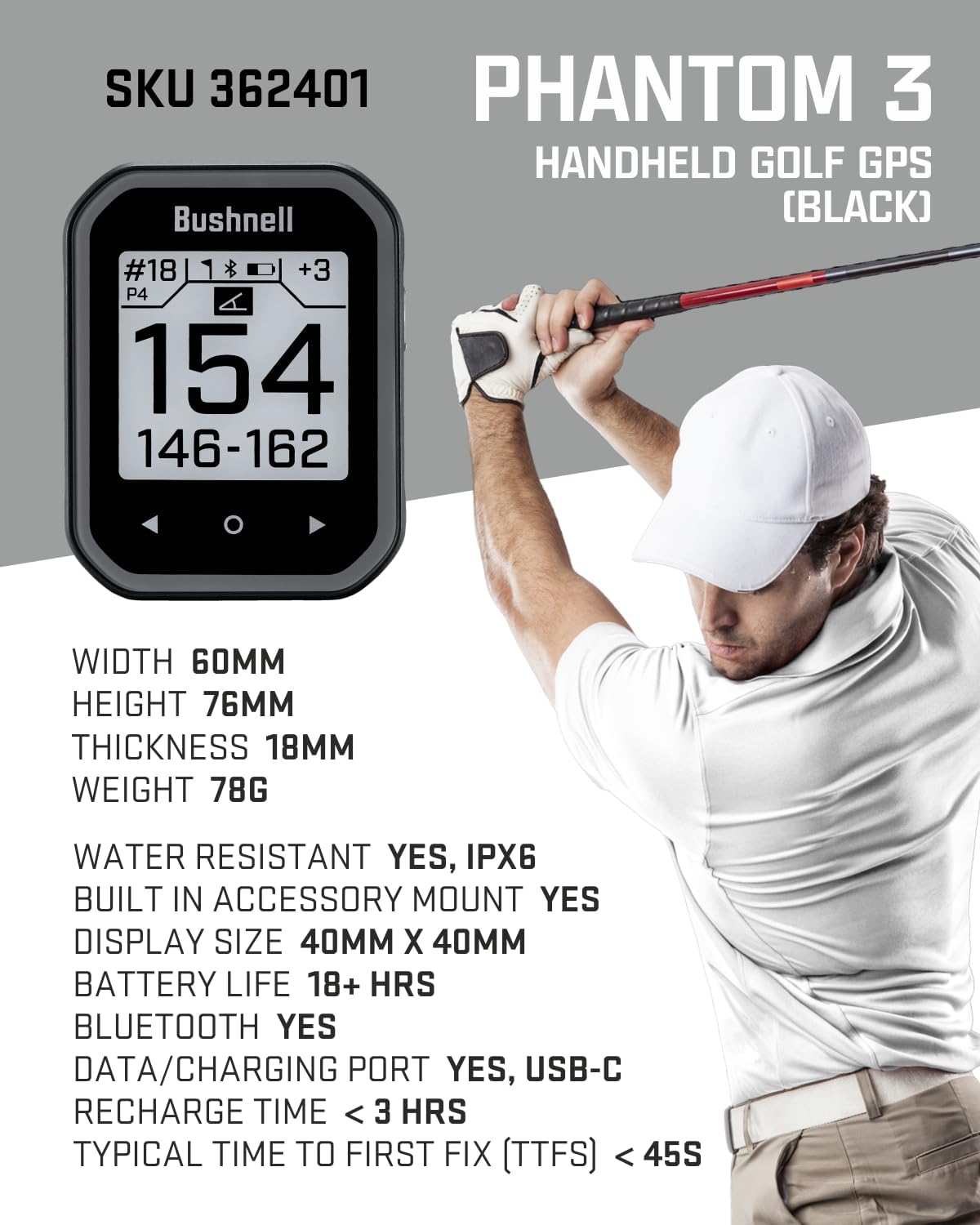 Bushnell Phantom 3 Slope GPS Golf Black with Slope Technology, Touchscreen, Magnetic Cart Mount with Power Bank and Towel Bundle