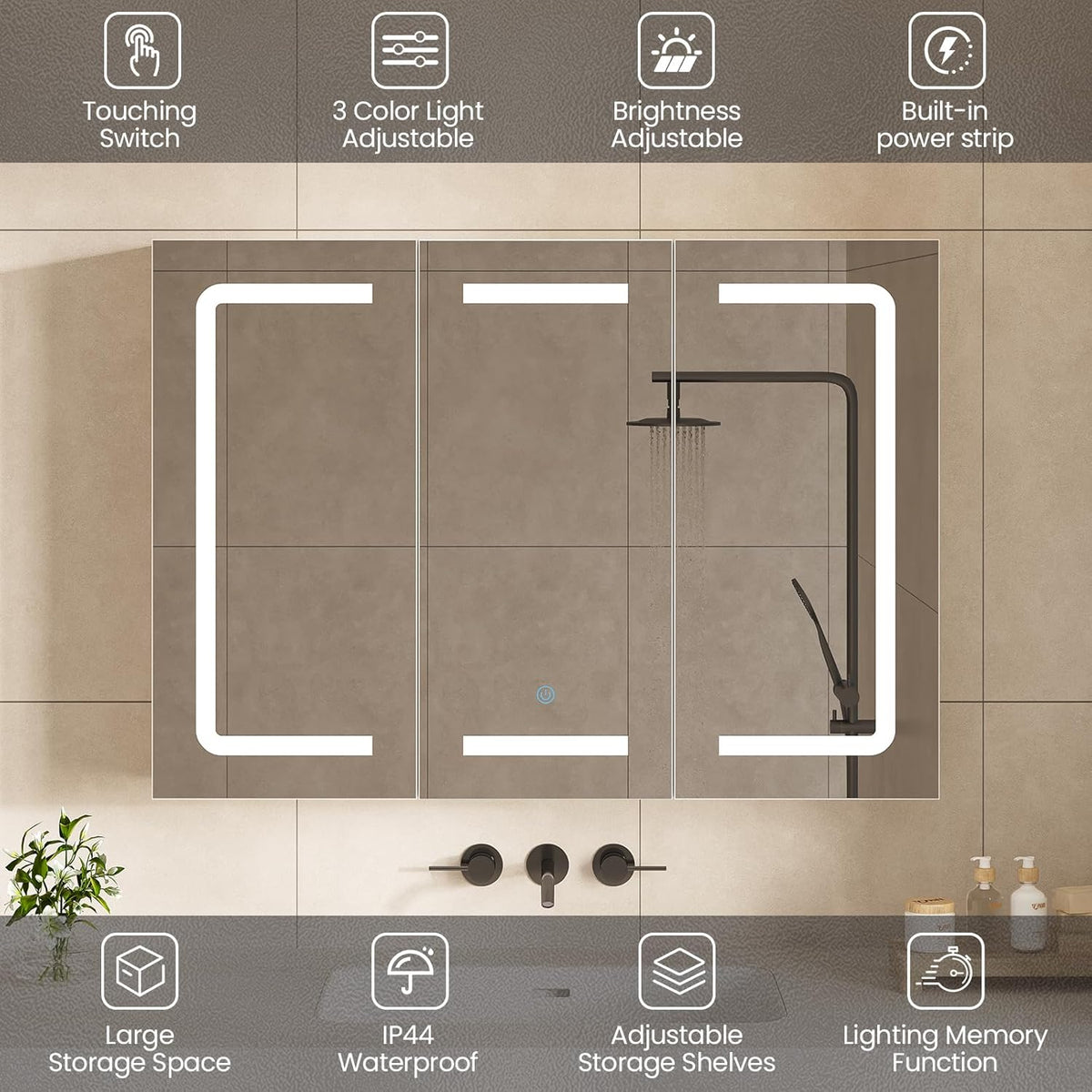 Hasuit Medicine Cabinet Organizer with Mirror, Lighted Bathroom Medicine Cabinet with Storage, 3 Doors Bathroom Wall Cabinet with LED Lights, Adjustable Shelves & Outlets, 31.5'' x 23.6'', White