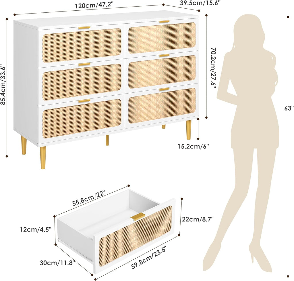 GarveeHome Rattan 6 Drawer Dressers for Bedroom, Large Double Dresser with Deep Drawers, Chest of Drawers for Closet with Wide Top, Long Wooden Dresser for Living Room, Hallway, Kids Room, White