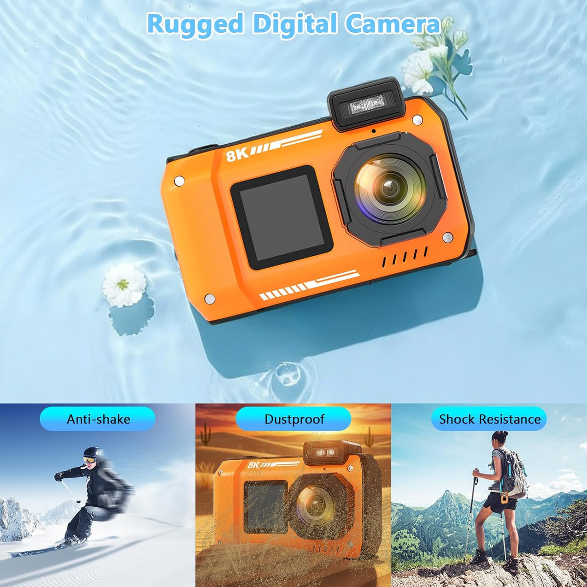 8K Underwater Camera 33FT Waterproof Camera with 64GB Card 70MP 18X Zoom Waterproof Digital Camera Auto Focus Dual-Screen Selfie 2500mAh Battery Dustproof Shockproof
