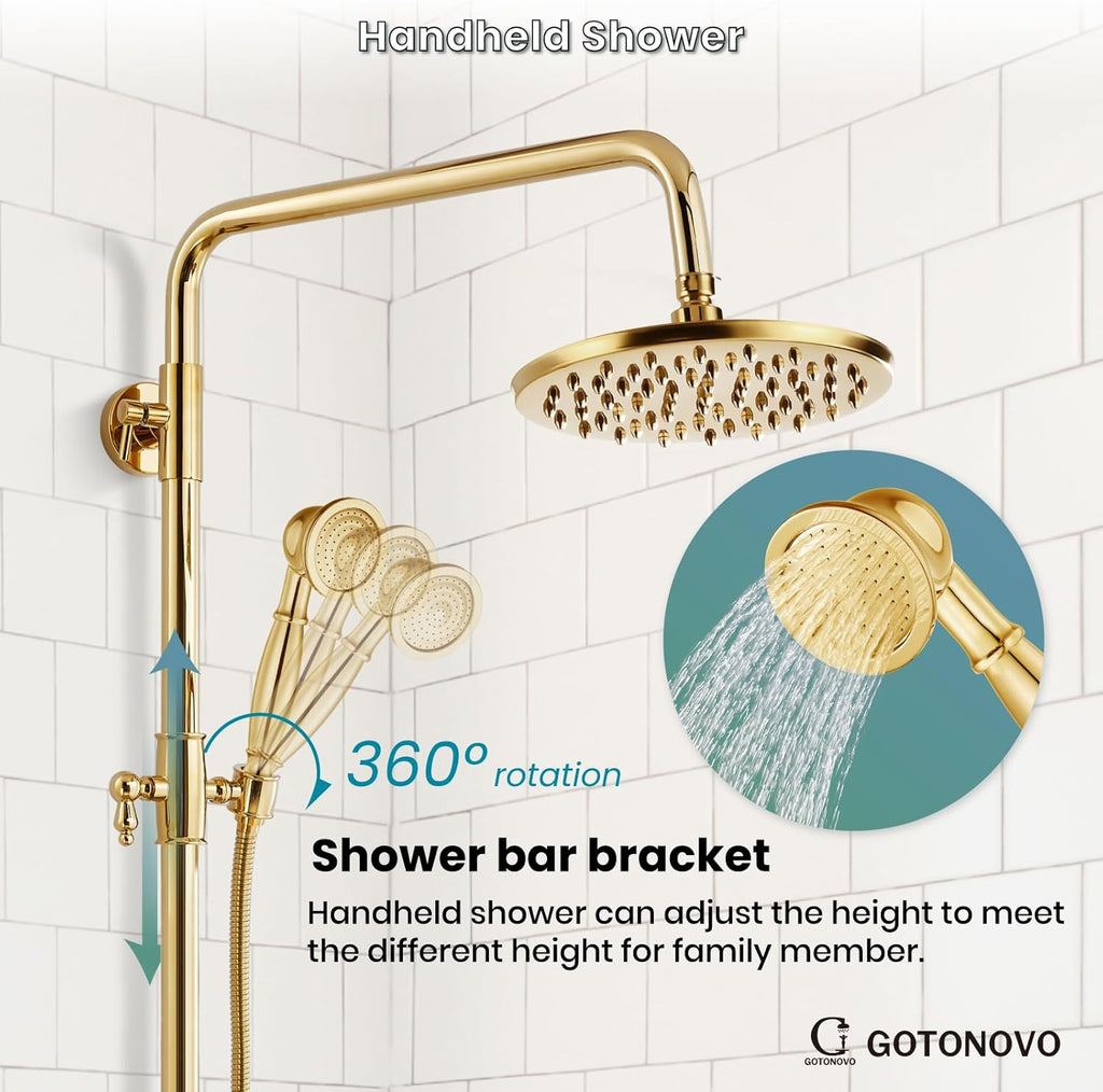 gotonovo Exposed Shower Faucet Set 8 Inch Rainfall Showerhead 3-Function Shower Fixture with Tub Spout 2 Corss Handles Shower System, Polish Gold