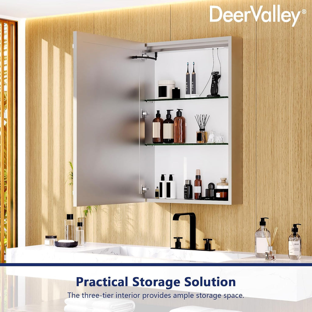 DeerValley 24" W x 36" H Led Lighted Medicine Cabinet with Mirror, Bathroom Medicine Cabinet with Defogger & 3-Color, Wall Mounted Mirrored Medicine Cabinets with Lights