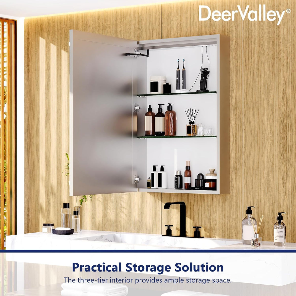 DeerValley 24" W x 36" H Led Lighted Medicine Cabinet with Mirror, Bathroom Medicine Cabinet with Defogger & 3-Color, Wall Mounted Mirrored Medicine Cabinets with Lights