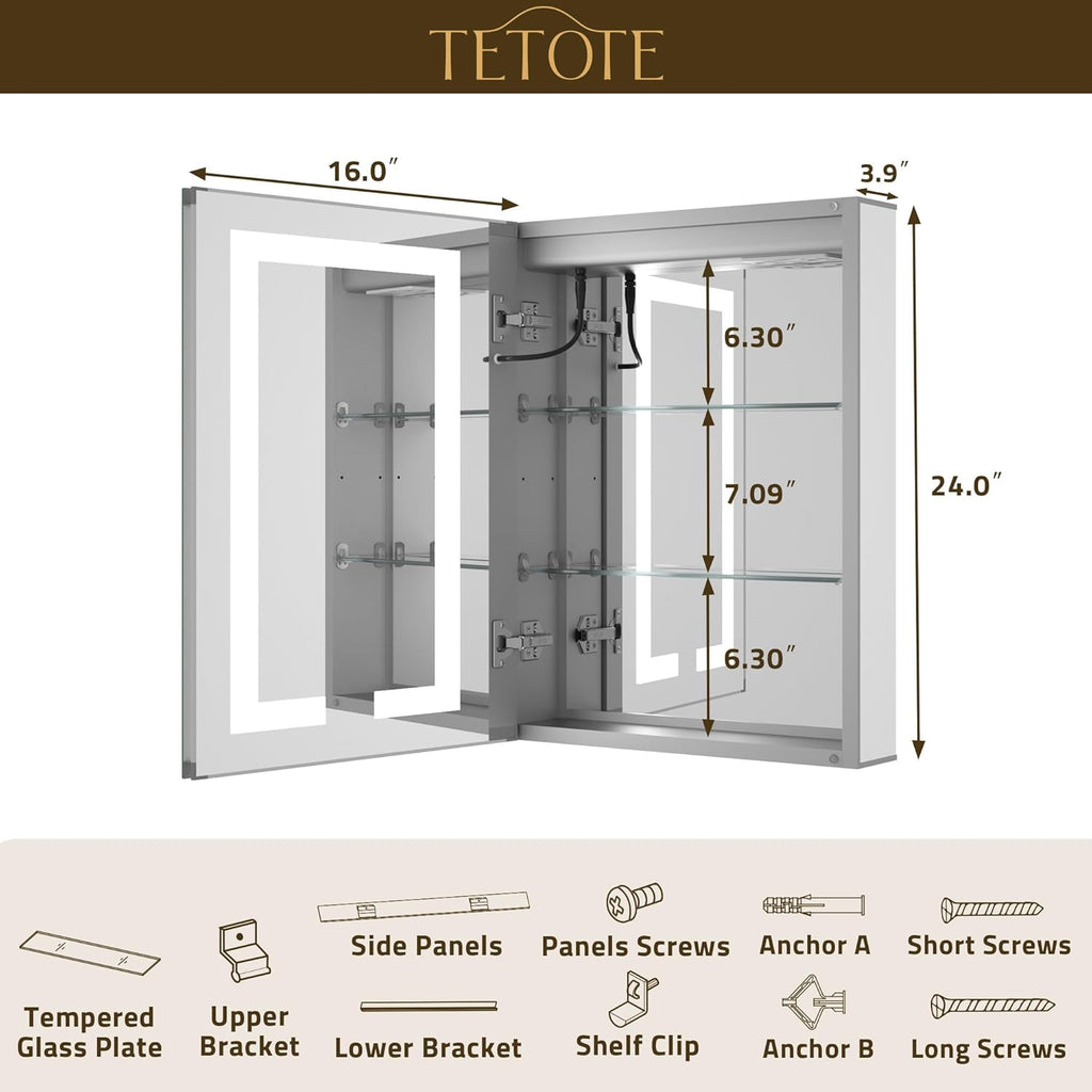 TETOTE LED Lighted Medicine Cabinet Mirror with Tempered Glass 16 x 24 Recessed or Surface Mount Bathroom Cabinet with Lights and Storage, Outlets & USB, 3-Color Dimming, Defog, Adjustable Shelves