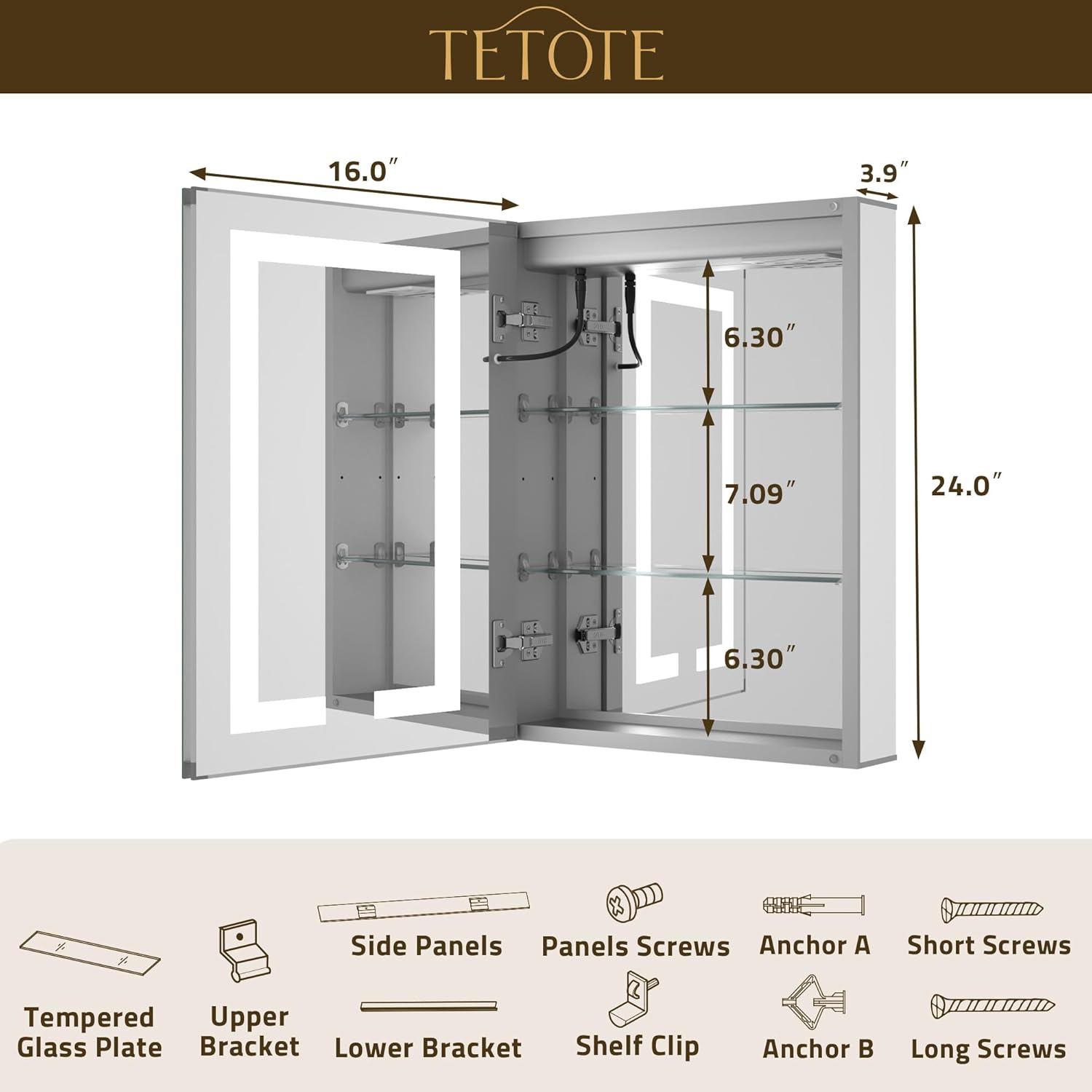 TETOTE LED Lighted Medicine Cabinet Mirror with Tempered Glass 16 x 24 Recessed or Surface Mount Bathroom Cabinet with Lights and Storage, Outlets & USB, 3-Color Dimming, Defog, Adjustable Shelves
