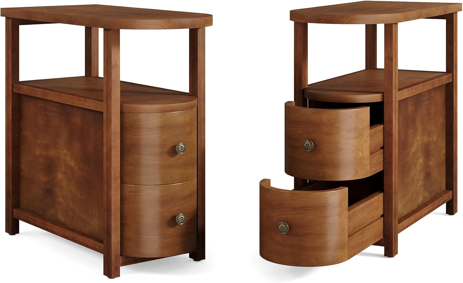 LITTLE TREE Solid Wood End Table Set 2 with 2 Drawers & Open Shelf, No Assembly Required Side Table for Living Room, Vintage Brown Couch Side Tables, Slim Bedside Table Nightstand for Bedroom