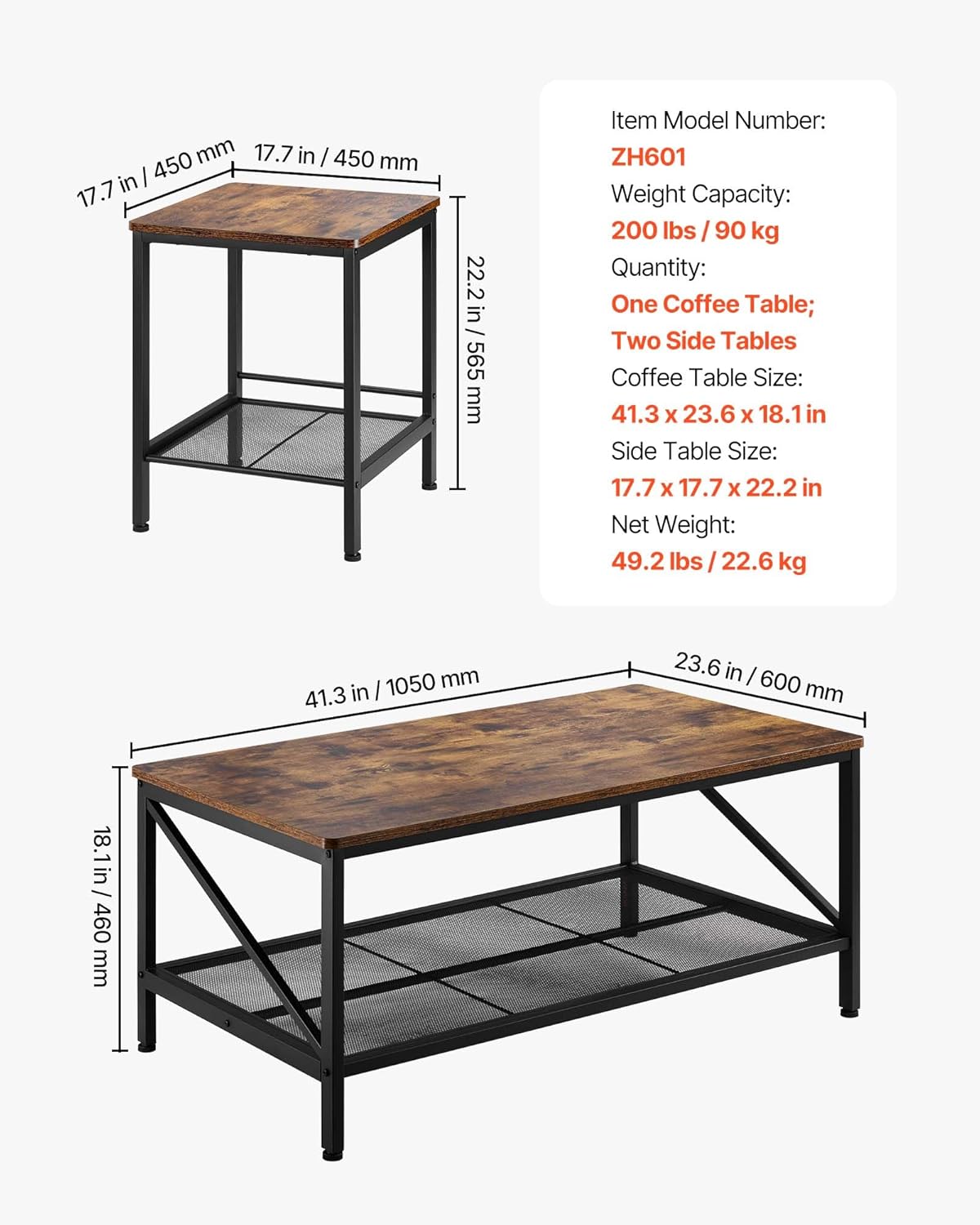 VEVOR 3 Pieces Living Room Table Sets, 41.3 in Industrial Coffee Table with 2 Square End Side Tables, Easy Assembly Coffee and End Tables Sets with Metal Legs, for Office, Living Room & Apartment