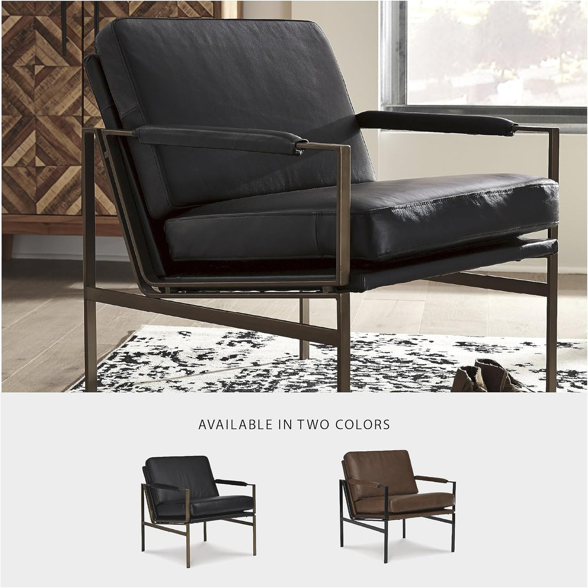 Signature Design by Ashley Puckman Mid-Century Modern Leather Accent Chair, Black