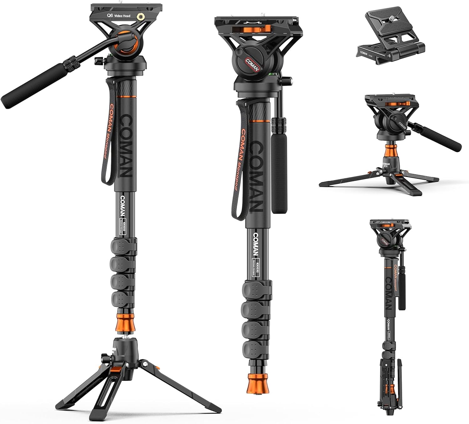 Professional Camera Monopod with Feet, 73.2 inch Aluminum Portable Travel Video Monopod with Removable Tripod Stand Base, Max Load 22 Lbs, New Q6 Fluid Head for DJI RS4 Manfrotto, KX3232Q6