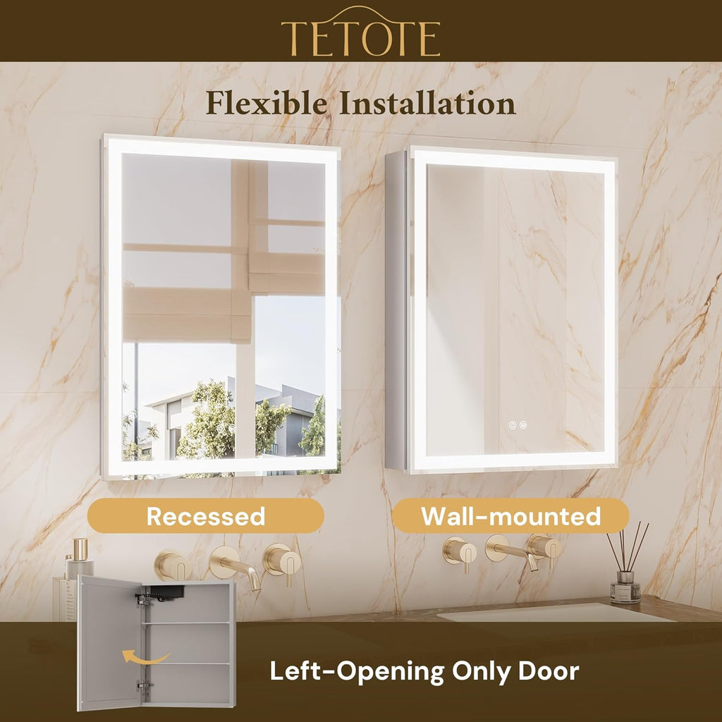 TETOTE 24 x 32 Medicine Cabinet with Lights, Adjustable Shelves, Silver Aluminum Cabinet, Anti-Fog Stepless Dimmable 3 Colors White/Warm/Natural, Easy to Install(Wall Mount/Recessed)
