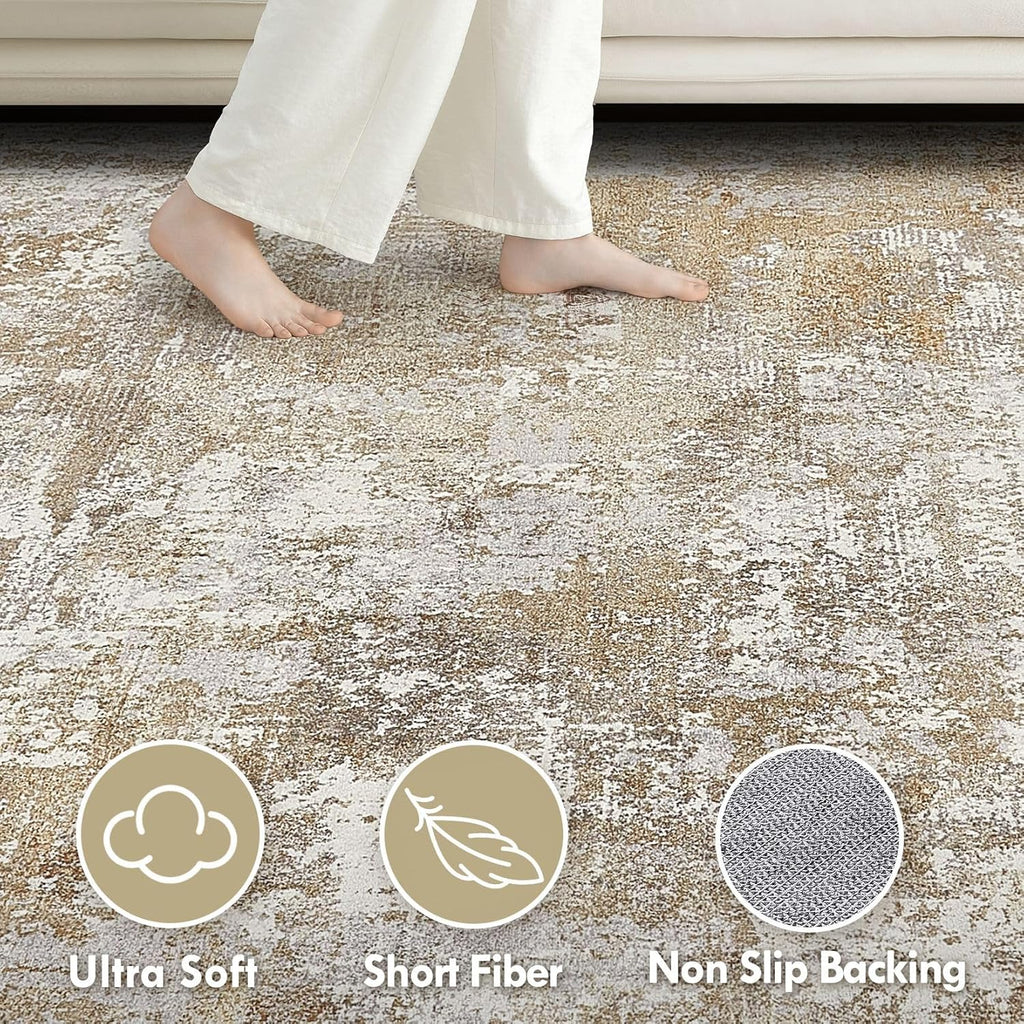 Tortania Washable 9x12 Area Rug for Living Room: Modern Abstract Neutral Large Soft Thin Rugs - Non Slip Indoor Carpet for Bedroom Dining Room Office Nursery Home Floor Decoration - Brown Grey