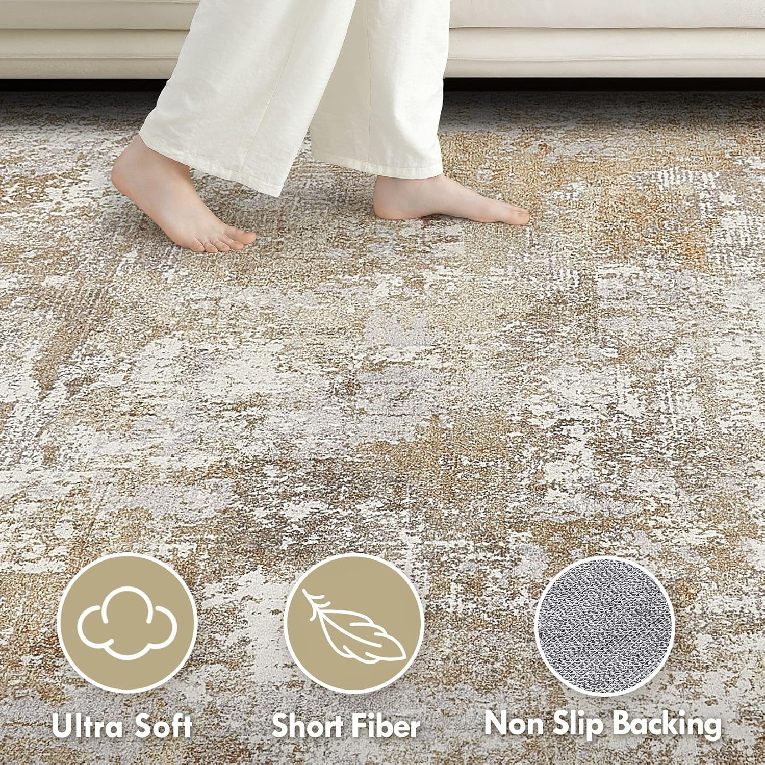 Tortania Washable 9x12 Area Rug for Living Room: Modern Abstract Neutral Large Soft Thin Rugs - Non Slip Indoor Carpet for Bedroom Dining Room Office Nursery Home Floor Decoration - Brown Grey